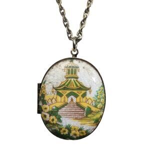 Vtg Double Sided Locket Guilloche Pagoda Buddha Oriental Pendant Necklace